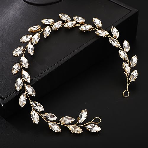 Teyglen Bride Wedding Crystal Hair Vine Full Gold Crystal Headband Bridal Hair Accessories Wedding Headpiece Handmade Rhinestone Hair Piece Headband for Women(Gold) - color: Gold