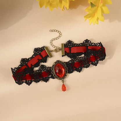 CSIYANJRY99 Gothic Choker Necklace for Women Halloween Red Crystal Vampire Choker Steampunk Lace Choker Witch Costume Accessories - style: Red