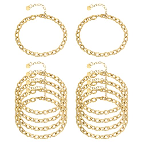 10 PCS Bracelets for Women Stainless Steel Chain Link Bracelet Set | 6.7 Inches with Extender, Jewelry Gifts for DIY, Chains Bulk, Oval, Curb, Figaro Chains, 18K Gold Plated, Silver, Chunky - color: Lip Gold