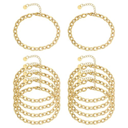 10 PCS Bracelets for Women Stainless Steel Chain Link Bracelet Set | 6.7 Inches with Extender, Jewelry Gifts for DIY, Chains Bulk, Oval, Curb, Figaro Chains, 18K Gold Plated, Silver, Chunky - color: Lip Gold