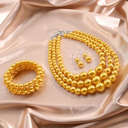 Haysandy Pearl Jewelry Set for Women 20s Jewelry Gift | Retro Layered Necklace Bracelet Earring, Costume Accessories for Derby Wedding Prom Party, Dress Matching Occasions - color: Gold