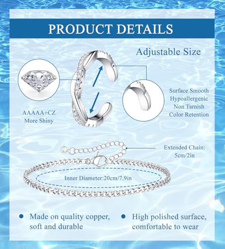 CASDAN 13Pcs Silver/Golden Toe Rings and Ankle Bracelets for Women | Layered Anklets Chain,Adjustable Open Tail Toe Ring,Waterproof Cuban Link Chain Anklets Set,Beach Foot Jewelry for Summer - color: Silver,B