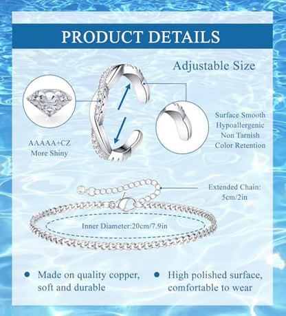 CASDAN 13Pcs Silver/Golden Toe Rings and Ankle Bracelets for Women | Layered Anklets Chain,Adjustable Open Tail Toe Ring,Waterproof Cuban Link Chain Anklets Set,Beach Foot Jewelry for Summer - color: Silver,B