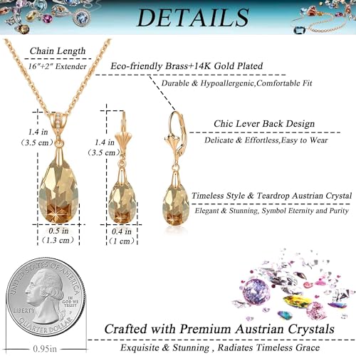 Austrian Crystals Teardrop Pendant Necklace Earrings for Women 14K Gold Plated Hypoallergenic Leverback Drop Dangle Earrings Jewelry Set - color: Light Topaz