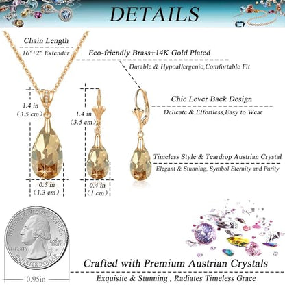 Austrian Crystals Teardrop Pendant Necklace Earrings for Women 14K Gold Plated Hypoallergenic Leverback Drop Dangle Earrings Jewelry Set - color: Light Topaz