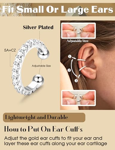 LOLIAS 4 Pairs Ear Cuffs Non Piercing - 14K Gold Plated Ear Cuff Earrings for Women Ear Cuff for Non Pierced Ears Clip on Cartilage Earring Adjustable Fake Earrings Set - style: CZ-Silver Plated