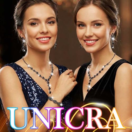 Silver Wedding Jewelry Sets Rhinestone Necklace Earrings Bracelet Set Prom Formal Costume Jewelry for Women and Brides - color: Black