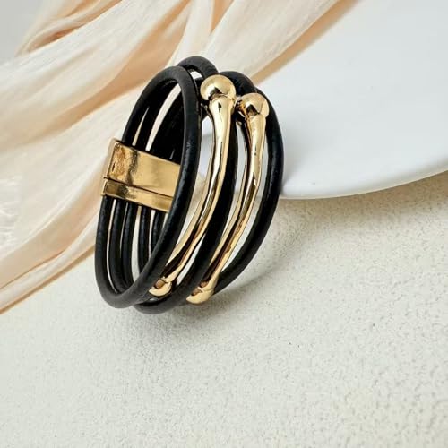 Bracelets for Women Leather Bracelet Multi-Layer Rope Wrap Bangle 14k Gold Plated Cirle Hollow Tube Boho Cuff Bangle Bracelets for Women Gift - style: Bone Tube-Balck Bangle