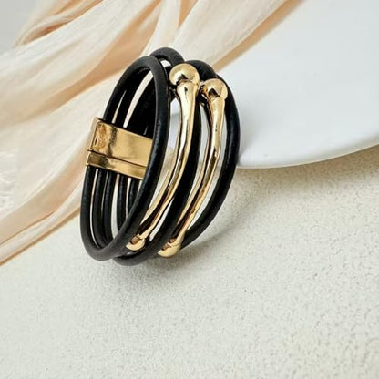 Bracelets for Women Leather Bracelet Multi-Layer Rope Wrap Bangle 14k Gold Plated Cirle Hollow Tube Boho Cuff Bangle Bracelets for Women Gift - style: Bone Tube-Balck Bangle