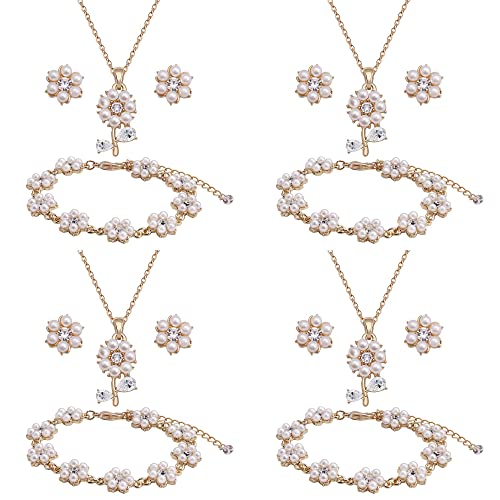 Bridesmaid Jewelry Set for Wedding, 18K Gold or Rose Gold or Silver Plated Flower Pendant with Simulate Pearl Necklace Earring Bracelet Set for Women Gift - color: 18K GOLD - 4 SETS
