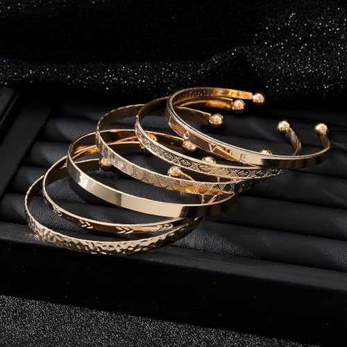 Golden Bangle Bracelets Set for Women, 14k Gold-Plated Multi Layer Stackable Cuff Bracelets, Personalized Boho Non Tarnish Adjustable Bangle Jewelry Gift for Her - color: 6PCS Love
