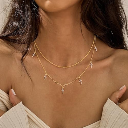 Layered Necklaces For Women,Dainty Gold Plated Necklace Stack Prom Layering Necklaces For Women Trendy Chain Cross Choker Necklace Set Fashion Accessories - color: cross+satellite