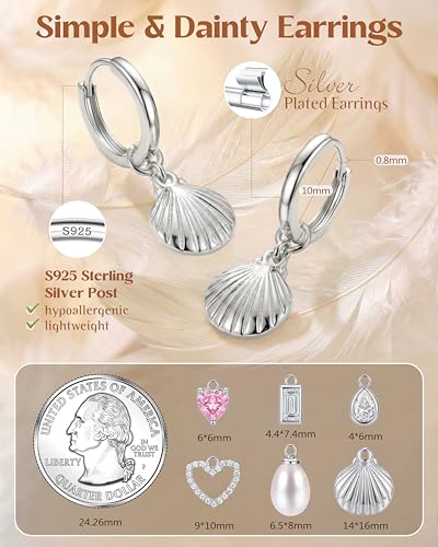 FIBO STEEL 14K Gold Plated Hoop Earrings with Charms for Women Huggie Hoops | Hypoallergenic 925 Sterling Silver Post Dangle Earrings Small Silver Gold Hoops Earring Cubic Zirconia Dangle Drop Jewelry - color: Shell - Silver Plated