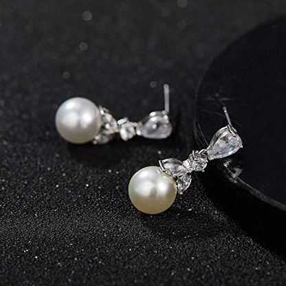 SWEETV Cubic Zirconia Pearl Drop Wedding Earrings for Brides, Ivory Bridal Pearl Earrings for Bridesmaid Jewelry Gift - color: 01.Style 1