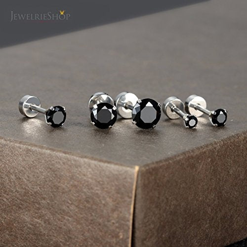 JewelrieShop Cartilage Tragus Earring Stainless Steel Stud Piercing Earring Flat Back Earrings Stud Flatback Screw Back Earrings for Women Men (16G, 6mm Bar Length, 3mm-7mm CZ, 5 Pairs) - color: 02. Steel with Jet Black CZ