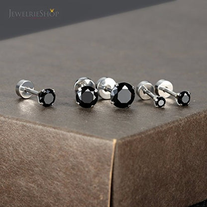 JewelrieShop Cartilage Tragus Earring Stainless Steel Stud Piercing Earring Flat Back Earrings Stud Flatback Screw Back Earrings for Women Men (16G, 6mm Bar Length, 3mm-7mm CZ, 5 Pairs) - color: 02. Steel with Jet Black CZ