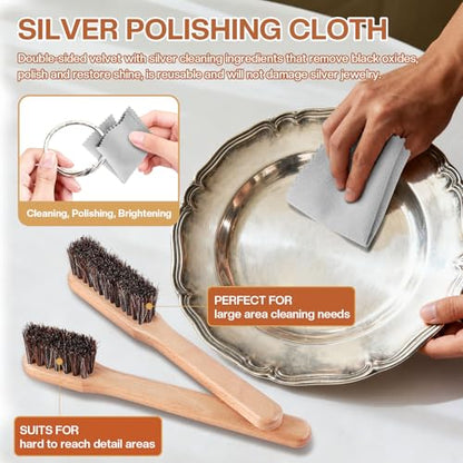 4 Pcs Horsehair Silver Cleaning Dauber Brushes Sterling Detail Polish Applicator Set with Polishing Cloth for Silverware Plateware Jewelry Cleaner(Style C) - style: Style C