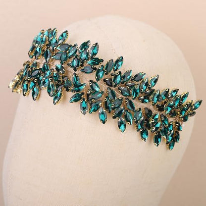 Missgrace Women Silver Green Black Red Blue Handmade Full Crystal Rhinestone Large Headband Hair Vine Shinny Headpiece Bridal Wedding Hair Accessories for Women (Peacock green) - color: Peacock green