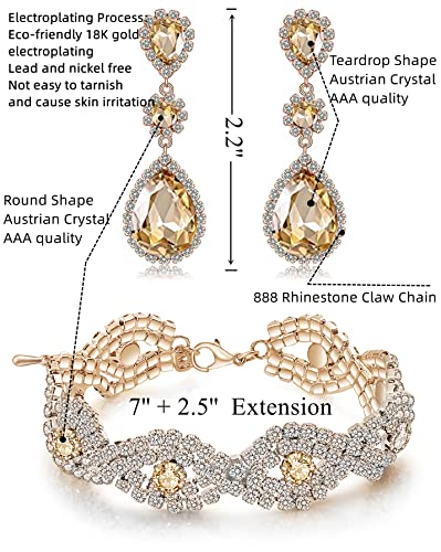 Paxuan Silver/Gold Plated Bridal Wedding Rhinestone Earrings Bracelet Set for Wedding Brides Bridesmaids Crystal Stone Dangle Drop Earrings Link Tennis Bracelet Set for Women Wedding - color: Champagne - Bracelet and Earrings Set
