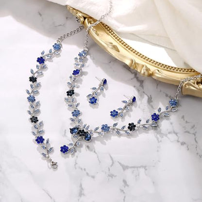 Women's Wedding Jewelry Set for Bride,Prom Bridal Accessories | Bling Crystal,Flower Leaf Cluster,Dangle Earrings Pendant Necklace Set,for Bridesmaid,Party Jewellery - color: 3Pcs-Blue Silver-Tone