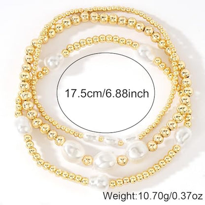 Gold Beaded Bracelet Stack for Women Colorful Small Seed Beads Bracelets Set Boho 14K Gold Plated Ball Stackable Stretch Non-Tarnish Dainty Jewelry Trendy Accessory Friendship Gift - color: Pearl