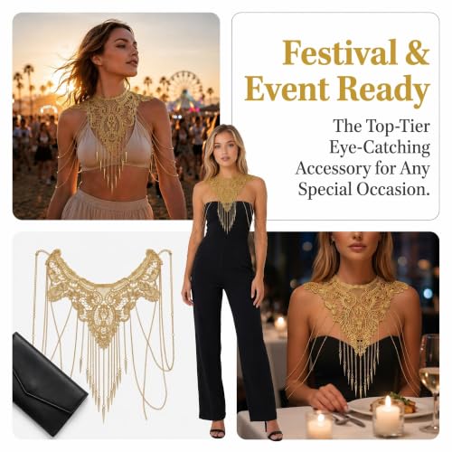 Gold Shoulder Jewelry for Women Fine Chain Body Necklace with Flower Lace Design Sexy Cape Style Accessory for Bikini Dress Showgirl Moroccan Outfit and Festival Wear