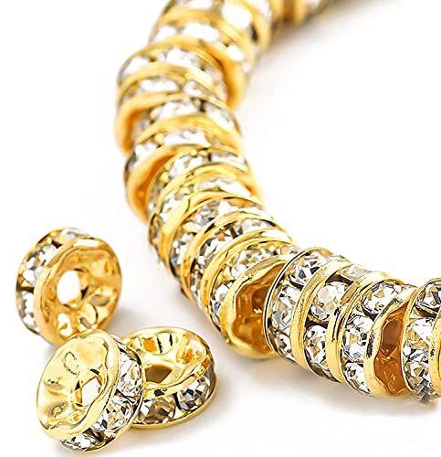 200Pcs 6mm Rondelle Spacer Beads Gold Plated Crystal Rhinestone for Jewelry Making Loose Beads for Bracelets - color: silver-gold, size: 6mm