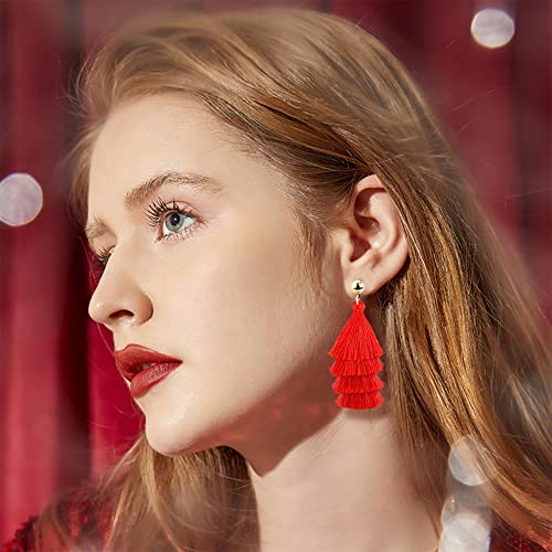 4Pairs Tassel Earrings For Women Fan Shape Tassel Earrings Long Thread Tassel Earrings Bohemian Fringe Drop Handmade Earrings - style: 4 Red