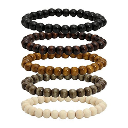 5 Pcs Wooden Beaded Bracelet Bangle for Men and Women Elastic - style: A: 8MM