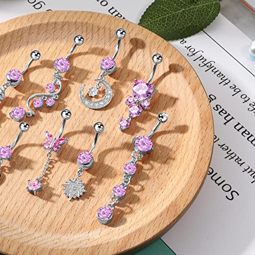 Hicarer 8 Pieces 14G Belly Button Rings Steel Long Dangle Navel Ring CZ Body Piercing Jewelry - color: silver pink