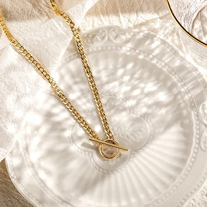 CHESKY 14K Gold Plated Layered Chain Necklace for Women | Trendy Cuban Link Chain, Chunky Paperclip Chain, Toggle Clasp Necklace, Fashion Gold Jewelry, Daily Gift for Women - style: Toggle+Bar