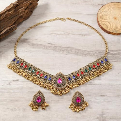 Frodete Indian Jewelry Sets for Women Traditional Bohemian Wedding Jewelry Set Indian Dresses for Women Oxidized Ethnic Party Prom Wear - color: B2:pink indian necklace earring sets