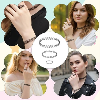 9 Pcs Tattoo Choker Necklace Bracelet Ring Set Tattoo Stretch Collection Gothic Choker Necklaces Y2K Fashion Vintage Elastic Neck Lace Stretchy Tattoos Effect Accessories for Women