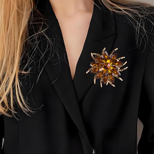 Rinestone Flower Brooch for Women Men Elegant Crystal Rose Flower Lapel Dress Brooches Pin Party Accessories Jewelry - style: Coffee