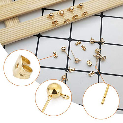 150Pcs Ball Post Earring Studs for Jewelry Making,Earring Studs Ball Post Earrings with Loop with 200Pcs Butterfly Earrings Back Replacements for DIY Jewelry Making Findings(KC Gold) - color: KC Gold