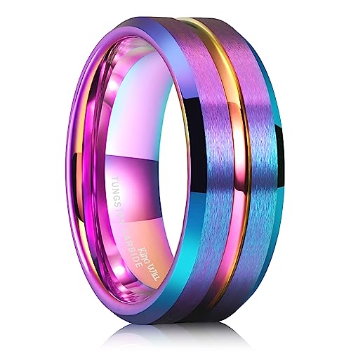 King Will Mens 8mm Cross Groove Tungsten Carbide Wedding Ring | Rose Gold, 8mm, Grooved, Comfort Fit, Cross design, Everyday Wear - color: Rainbow 8mm