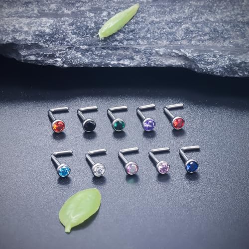 Ruifan ASTM F136 Titanium Nose Rings 18G 20G 22G Jeweled Mix Color Cubic Zirconia Nose Studs Ring Screw L-Shaped Bone Hypoallergenic Body Piercing Jewelry for Women 1.5mm 2mm 2.5mm 3mm 10PCS - style: L-Shaped:20G(0.8mm)-3mm CZ