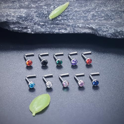 Ruifan ASTM F136 Titanium Nose Rings 18G 20G 22G Jeweled Mix Color Cubic Zirconia Nose Studs Ring Screw L-Shaped Bone Hypoallergenic Body Piercing Jewelry for Women 1.5mm 2mm 2.5mm 3mm 10PCS - style: L-Shaped:20G(0.8mm)-3mm CZ