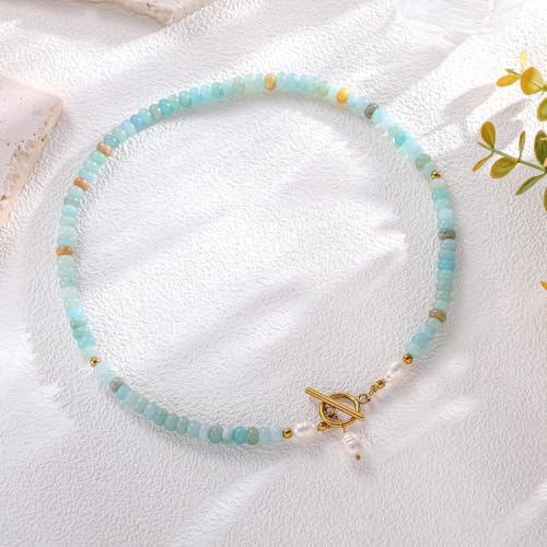 Dainty Turquoise Pearl Pendant Necklace 18K Gold Plated Bohemian Stone Pearl Choker Necklace for Women Dainty Natural Stone Choker Turquoise Beaded Necklace - color: Gold