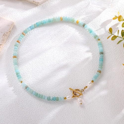Dainty Turquoise Pearl Pendant Necklace 18K Gold Plated Bohemian Stone Pearl Choker Necklace for Women Dainty Natural Stone Choker Turquoise Beaded Necklace - color: Gold
