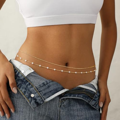 14K Gold Plated Waist Chain for Women Dainty 2Pcs Layered Belly Chain Beaded Pearl Body Chain Belt Set Waterproof Summer Beach Bikini Jewelry Accessories Adjustable Waist Beads Gift - style: 2Pcs Bead&Pearl-GD
