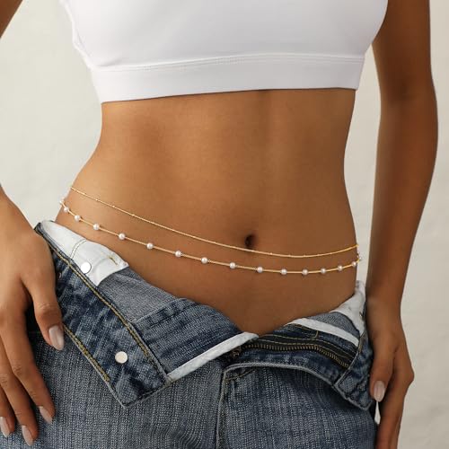 14K Gold Plated Waist Chain for Women Dainty 2Pcs Layered Belly Chain Beaded Pearl Body Chain Belt Set Waterproof Summer Beach Bikini Jewelry Accessories Adjustable Waist Beads Gift - style: 2Pcs Bead&Pearl-GD