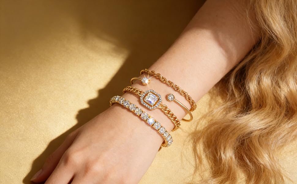 Alegend 14K Gold Plated Stackable Multilayer Bracelets + Titanium Steel(Not Rust, Resist Corruption, Easily Clean) 18K Gold Plated Single Bracelets - color: 14K Gold + 4PCS H