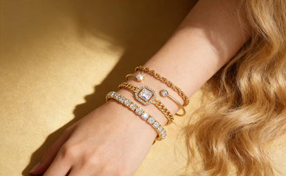 Alegend 14K Gold Plated Stackable Multilayer Bracelets + Titanium Steel(Not Rust, Resist Corruption, Easily Clean) 18K Gold Plated Single Bracelets - color: 14K Gold + 4PCS H
