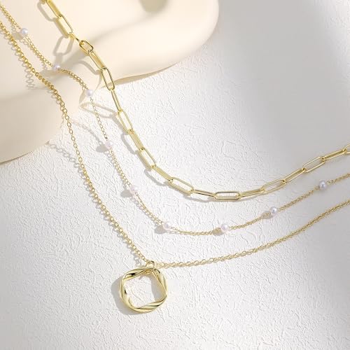 Evabelle Gold Layered Necklace for Women Trendy Jewelry 14K Real Gold Plated Chunky Chain Stackable Necklaces Dainty Choker Necklaces Rectangle Square Pendant - color: Gold Necklace 08-C