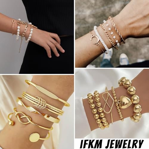 IFKM 6 PACK (24 PCS) Boho Gold Chain Bracelets Set for Women, 14K Gold Plated Multiple Layered Stackable Open Cuff Wrap Bangle Adjustable Link Italian Cuban Jewelry for Women Gift - style: 28pcs Gold Chain