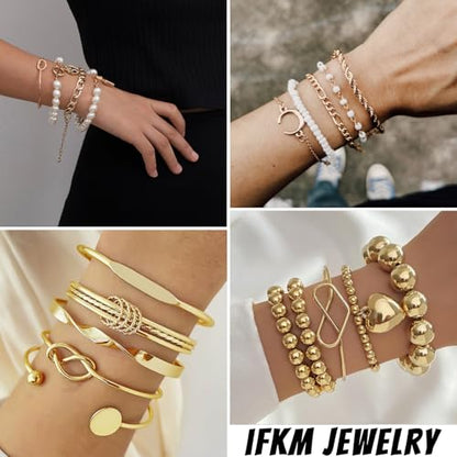IFKM 6 PACK (24 PCS) Boho Gold Chain Bracelets Set for Women, 14K Gold Plated Multiple Layered Stackable Open Cuff Wrap Bangle Adjustable Link Italian Cuban Jewelry for Women Gift - style: 28pcs Gold Chain