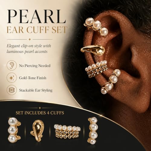 4 Pcs Women’s Clip-On Ear Cuff Set, Luxury Old Money Style Faux Pearl Earrings, Irregular Bohemian Statement Ear Cuffs, Elegant Jewelry for Daily Wear, Vacation, Date, Wedding, Banquet & Party, surprise Girlfriend,Friends for Birthdays & Holidays - color:
