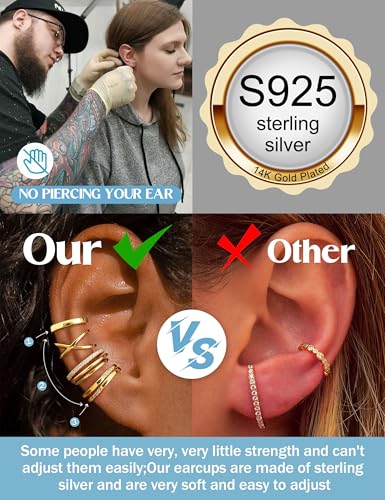 JeryWe 4 Pcs 925 Sterling Silver Ear Cuff for Women Non Piercing Adjustable Ear Cuff Earrings Clip On Cartilage Helix Wrap Ear Jewelry Set - color: 14K Gold Plated