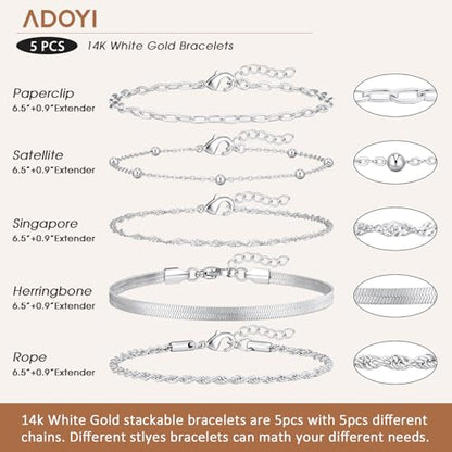 Gold Bracelets for Women, 14K Gold Plated Stackable Bracelet Stack Set Adjustable Charm Paperclip Chain Cuban Link Layered Waterproof Jewelry Sets Gifts for Womens 6.5 Inch - color: Silver-A 6.5 IN